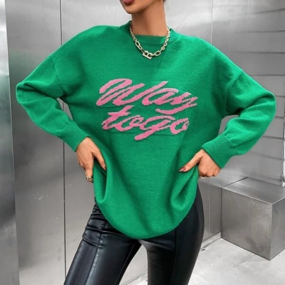 MODA ME COUTURE Sweaters - WAY TO GO graphic green pink long sleeve knit sweater top